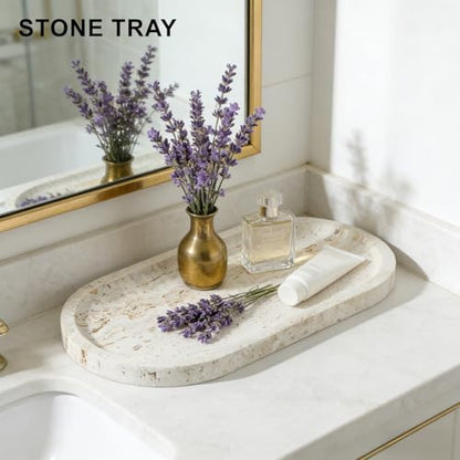 Natural Travertine Marble Tray, Bathroom Dresser Tray for Countertop, Decorative Dish Organizer for Jewelry, Toiletries, Cosmetics, Incense, Candles
