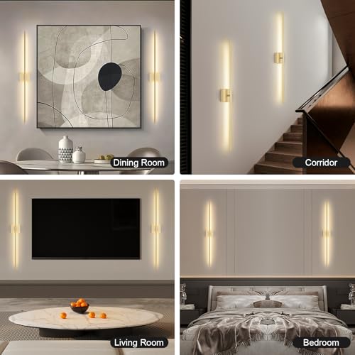 Battery Operated Wall Sconce Set of Two with Remote Control, 3000K-6000K Dimmable Gold Wall Lights, Timable LED Wireless Wall Sconces, 350° Ratate for Bathroom, Living Room, Hallway 39.4 Inch - color: Gold, size: 39.4in(2 Pack)