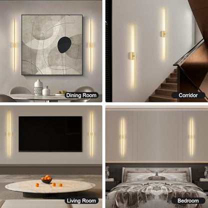 Battery Operated Wall Sconce Set of Two with Remote Control, 3000K-6000K Dimmable Gold Wall Lights, Timable LED Wireless Wall Sconces, 350° Ratate for Bathroom, Living Room, Hallway 39.4 Inch - color: Gold, size: 39.4in(2 Pack)
