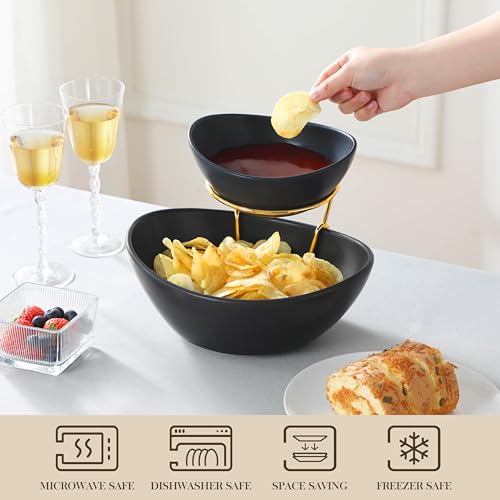 MALACASA 2 Tier Chip and Dip Serving Set with Metal Stand,Ceramic Appetizer Bowls for Party, Multi-Use Food Display for Fruits, Snacks,Black Elegant Tiered Serving Dishes for Party - color: Black