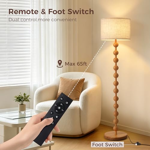 62" Farmhouse Floor Lamp with Remote, Dimmable Standing Lamp,Natural Wood - color: Natural Wood