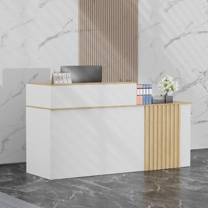 63"Reception Desk with Vertical Slat Panels for Office, Salon & Lobby - color: White/Oak, size: 62.9''L x 23.6''W x 39.3''H