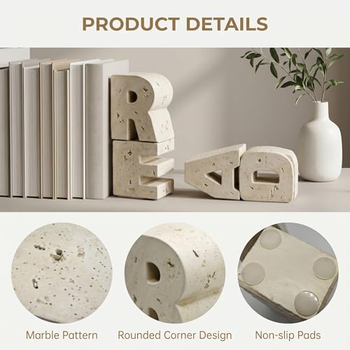 Book Ends Decorative with Read Design Resin Bookends for Heavy Books Book Holders for Shelves Book Stoppers with Non-Slip Pads Unique Read Sign Beige Bookend Gift for Book Lovers