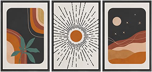 wall26 Framed Canvas Print Wall Art Set Boho Mid-Century Colorful Sun Moon Landscapes Nature Abstract Illustrations Modern Art Bohemian Decorative for Living Room, Bedroom, Office - 16"x24"x3 Black - color: A46-2204-fo13, size: 16" x 24" x 3 Panels BLACK