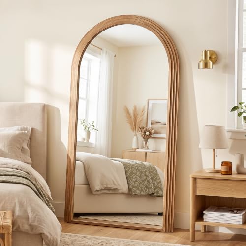 76"x41" Arched Full Length Mirror with Wide Wood Frame,Natural Wood - color: Natural Wood, size: 76"L x 41"W
