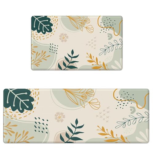 Boho Kitchen Rug Mats for Floor Cushioned Anti Fatigue Green Kitchen Rugs Sets of 2 Botanical Non Slip Waterproof Comfort Memory Foam Standing Floor Mat for Office Laundry Sink Desk - color: Beige Green, size: 46"Lx17"W+29"Lx17"W-0.3"H