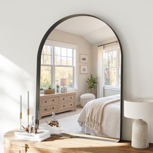 40"x36" Black Arched Mirror, Arched Wall Mirror with Metal Frame, Wall Mounted Large Arched Mirror for Living Room, Restroom, Entryway, Tempered Glass, Modern Home Decor - color: Black-rounded Corner, size: 40"L x 36"W