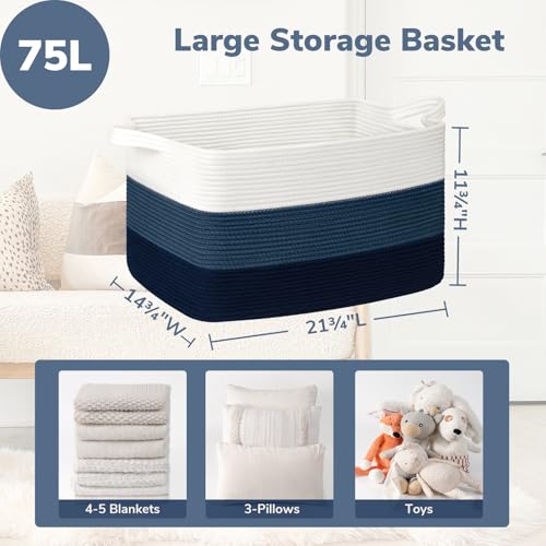 Goodpick Large Woven Rope Blanket Basket, Rectangle, Light Blue - color: Light Blue, size: Large(21.6"L x 14.9"W x 11.8"H)