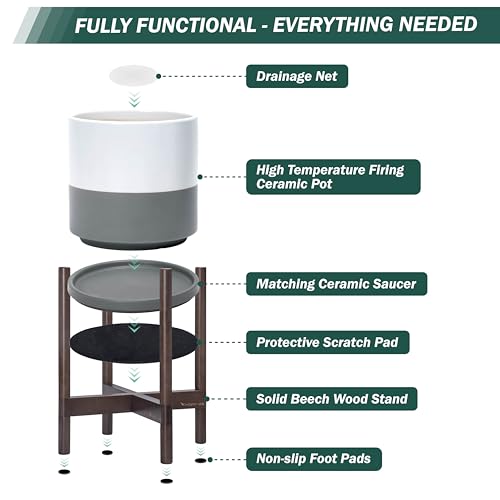 D'vine Dev Ceramic Pot with Walnut Wood Stand, White/Grey, 8 in, 55-B-Y-6 - color: White/Grey Pot + Walnut Color Stand, size: 8 Inch