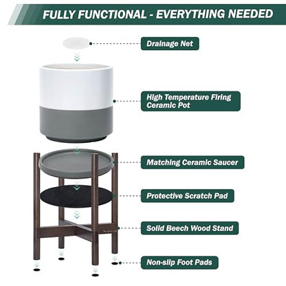 D'vine Dev Ceramic Pot with Walnut Wood Stand, White/Grey, 8 in, 55-B-Y-6 - color: White/Grey Pot + Walnut Color Stand, size: 8 Inch