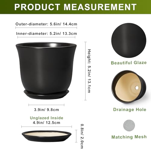 Ceramic Planter, 5.6 Inch Plant Pot, Black - color: Black, size: 6 Inch