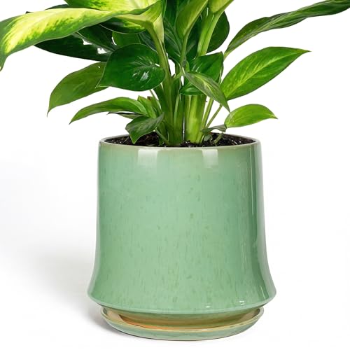 11 Inch Ceramic Planter Pot with Saucer Drainage Leak-Proof Mesh,Flower Pots for Lavender with Gardening Gloves,Ceramic Planter for Orchid (Light Green) - color: Light Green, size: 11 Inch