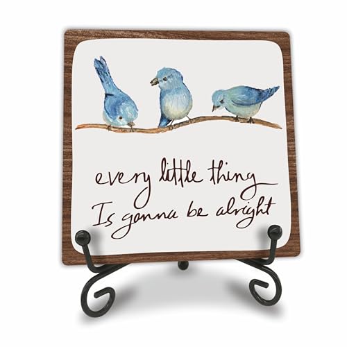 Every Little Thing Is Gonna Be Alright - 4" Wooden Sign With A Metal Support -Watercolor Adorable Birds, Positive Quotes Wooden Plaque Desk Decor, Uplifting Gifts, Home Decorations & Gifts - color: Blue, size: 4 x 4 x 4 inches