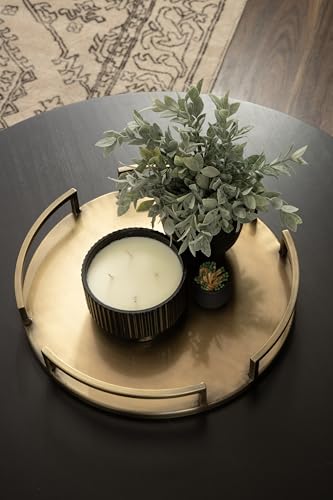 Kate and Laurel Gohana Round Tray with Metal Handles; 16 Inch Diameter; Antique Brass; Modern Glam Serving Tray with Handles for Use as Ottoman Topper or Living Room Decor
