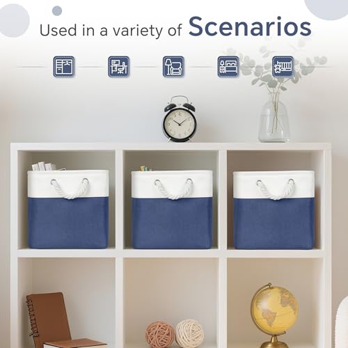 FinishingBo 11 inch Cube Storage Bin with Handles 6 Pack - color: White/Navy Blue-6 Pack