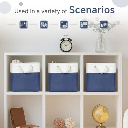 FinishingBo 11 inch Cube Storage Bin with Handles 6 Pack - color: White/Navy Blue-6 Pack