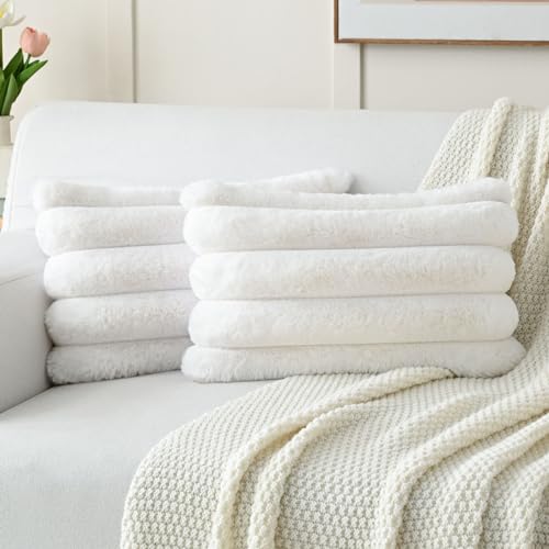 FUTEI Pack of 2 Faux Rabbit Fur Throw Pillow Covers 12x20 Inch, Cream White - color: Cream White, size: 20" x 12" (Pack of 2)
