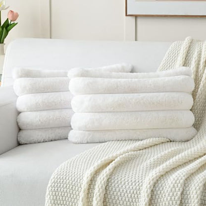 FUTEI Pack of 2 Faux Rabbit Fur Throw Pillow Covers 12x20 Inch, Cream White - color: Cream White, size: 20" x 12" (Pack of 2)