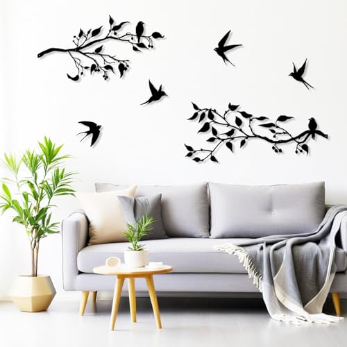 Harikikochuu 4 Pieces Large Birds on Branch Metal Wall Art Decor Swallow Outdoor Wall Art Black Leaves with Birds Silhouette Hanging Wall Sculpture for Balcony Garden Patio Decor (Black) - color: Black