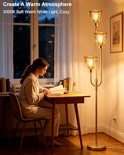 Amber Glass Floor Lamp 66IN 3-Light Modern Gold Dimmable Tree Floor Lamps - color: Amber Lace-Gold