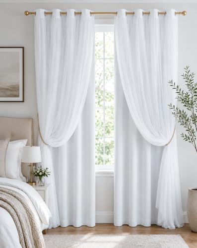 PONY DANCE Double Layer Blackout Curtains with White Sheer 95 Inches Long - color: Winter White, size: 52"W x 95"L (Pack of 2)