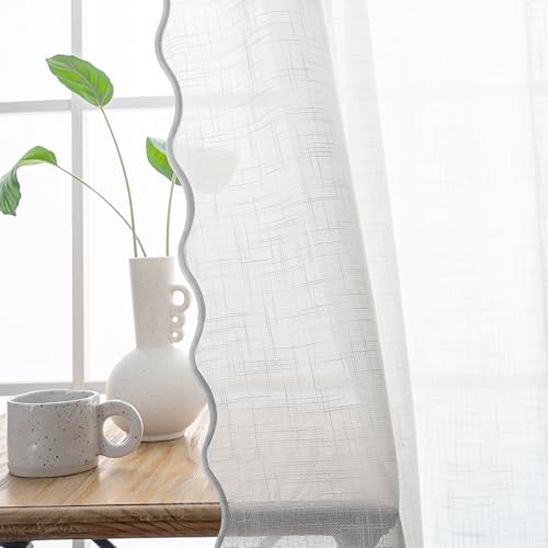 DriftAway Semi Sheer Scalloped Edge White Coastal Beach Window Curtains for Living Room Bedroom 2 Panels Rod Pocket Each Size 52 Inch by 63 Inch Gray - color: White Gray, size: 52"W x 63"L (Pack of 2)