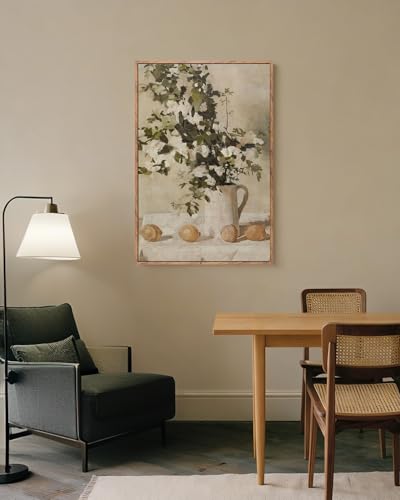 ElfLuna Wood Framed Canvas, Retro Lemon Floral Still Life Print - color: Flowers and Lemons, size: 24"L x 16"W