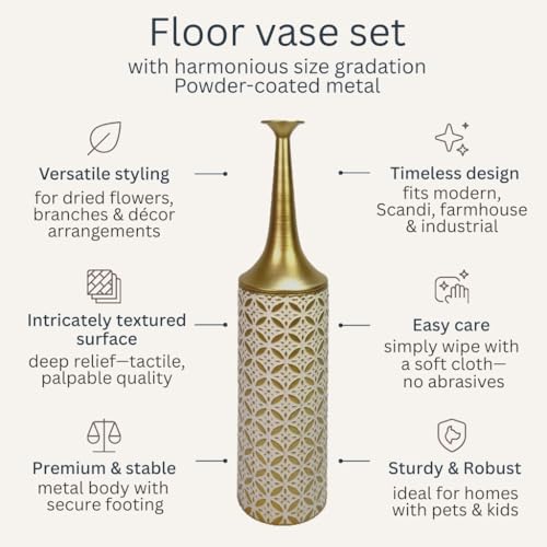 Leewadee Large Floor Vase 26 inches Metal for Pampas Grass, Dried Flowers - color: Gold, White