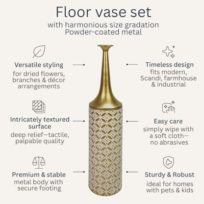 Leewadee Large Floor Vase 26 inches Metal for Pampas Grass, Dried Flowers - color: Gold, White