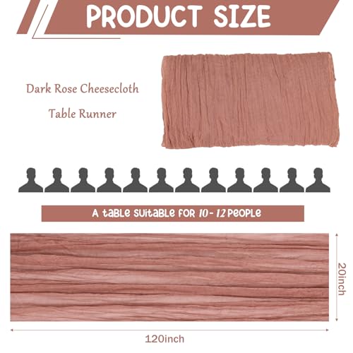 2 Pack 120 Inch Dark Rose Cheesecloth Table Runner Boho Rustic Gauze Sheer Romantic 10 FT Long Cheese Cloth Table Runner for Bridal Baby Shower Wedding Party Birthday Holiday Home Easter Decor - color: Dark Rose