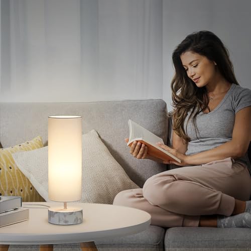 Touch Table Lamp with Marble Grain Metal Base, 3 Way Dimmable Bedside Lamp - color: White Marble Base with White Shade