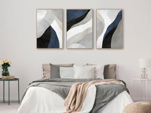 Large Abstract Framed Wall Art, Modern Blue Grey Canvas Pictures, 24"X36"X3 - color: Navy, size: 24" X 36" X 3pieces Framed