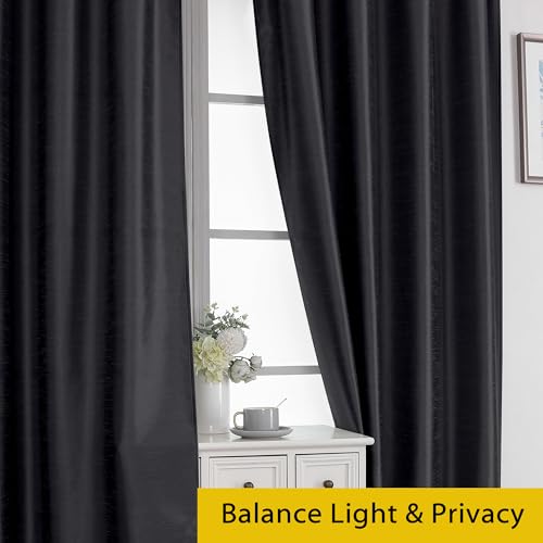 Chyhomenyc Uptown Black Faux Silk Curtains 96 Inch Length 2 Panels for Bedroom, Shiny Luxury Room Darkening Slub Textured Soft Fabric Rod Pocket Window Drapes, Each 40x96 Inches, 8 FT - color: Black, size: 40"W x 96"L (Pack of 2)