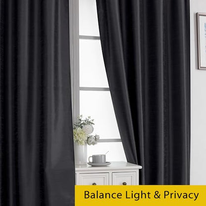 Chyhomenyc Uptown Black Faux Silk Curtains 96 Inch Length 2 Panels for Bedroom, Shiny Luxury Room Darkening Slub Textured Soft Fabric Rod Pocket Window Drapes, Each 40x96 Inches, 8 FT - color: Black, size: 40"W x 96"L (Pack of 2)