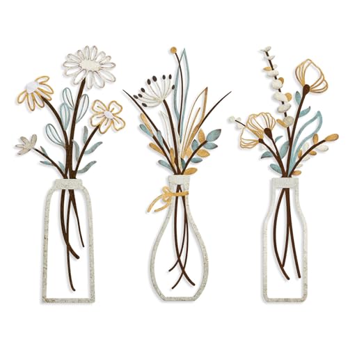 Pigort 3 Pieces Metal Flowers Wall Art- Rustic Farmhouse Decor Minimalist Decor for Living Room Bathroom Bedroom Dining Room, Housewarming Gifts Christmas Decoration(Beige, Vase-C) - color: Beige Gold