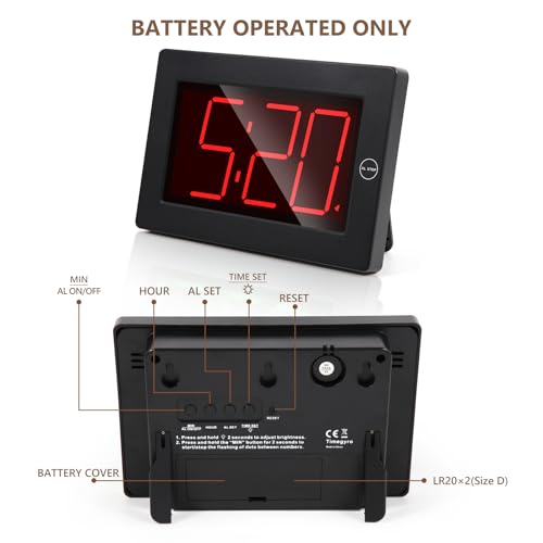 LED Digital Wall Clock Battery Operated - Large Display Digital Clock, Adjustable Brightness, Wall or Table Mount - color: Black-red