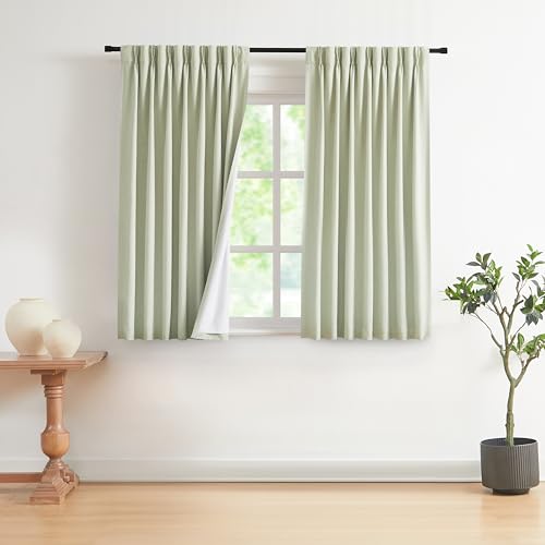 Vision Home Soft Green Pinch Pleated Full Blackout Curtains Linen Blended Room Darkening Curtain Panels 63 inch for Living Room Bedroom Thermal Insulated Pinch Pleat Drapes with Hooks 40" Wx63 Lx2 - color: Soft Green, size: 40"W x 63"L (Pack of 2)