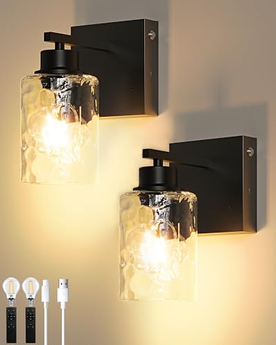 Hammered Glass Wireless Battery Operated Wall Sconces Set of Two Black | Dimmable Rechargeable Wall Lights with Remote Timer, Easy Install Lamp for Living Room Bedroom, Emergency 3000K - color: Black(Clear Hammered Lampshades)
