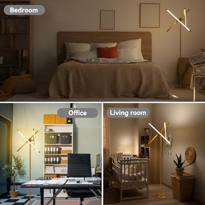 NUÜR Modern Gold Floor Lamp, Dimmable LED Standing Lamp with Remote - style: 3-Bar Linear Gold Floor Lammp