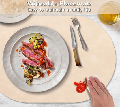 ADRIMER Oval Placemats Set of 6, Wipeable Faux Leather, Beige - color: Beige