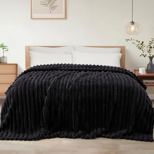 Exclusivo Mezcla Striped Queen Size Fleece Blanket for Bed, Couch, 90"x90" - color: Black, size: Queen ( 90x90 IN )