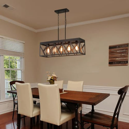 Rustic Farmhouse Metal Kitchen Island Lighting, 5 Lights Rectangular Pendant Light Fixture, Adjustable Rods Modern Metal Linear Chandelier for Kitchen Island Farmhouse Dining Room, Black - size: Large 5 lights