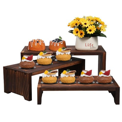 3-Tier Wooden Cupcake Stand & Display Risers, for Food Desserts & More, Sturdy & Reusable - color: Brown