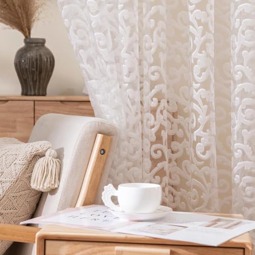 NAPEARL Sheer White Curtains Set of 2 Panels, Jacquard Sheer Curtains for Living Room, Organza Transparent Rod Pocket Window Drapes - color: White Scroll, size: 52"W x 84"L (Pack of 2)