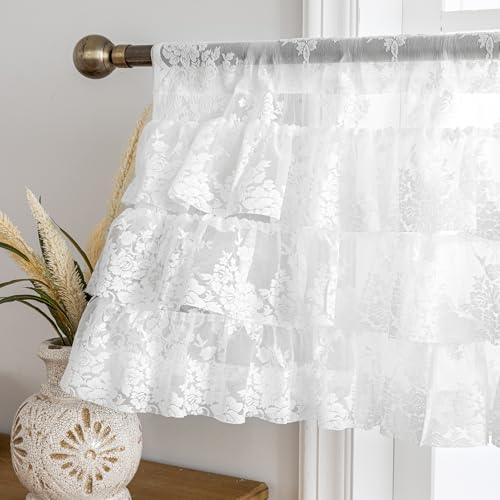 Kotile White Ruffle Lace Valance for Windows W52 x L18 Inch, 1 Panel - color: White - Ruffle Lace