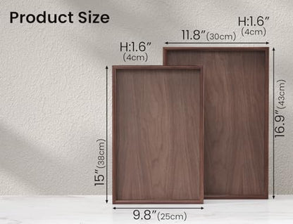 Fibogollo Set of 2 Walnut Wooden Serving Trays with Handles
