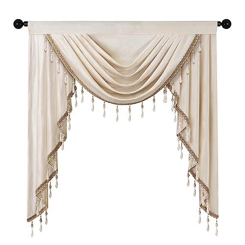 ELKCA Luxury Cream Velvet Curtain Valances for Living Room with Beads(39inch,1 Panel) - color: Cream, size: 39"W x 43"L (Pack of 1)