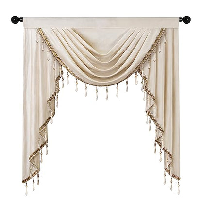 ELKCA Luxury Cream Velvet Curtain Valances for Living Room with Beads(39inch,1 Panel) - color: Cream, size: 39"W x 43"L (Pack of 1)