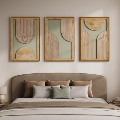 Framed 3D Wood Boho Abstract Textured Wall Decor Living Room, 24x36 Inch - color: Neutral Grey Green