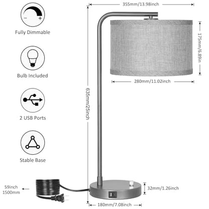 Gray Bedside Lamp with USB C+A Ports, Fully Dimmable Modern Nightstand Lamp - color: Metal Gray Base with Gray Shade